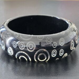 VTG Lucite Clear Black Silver Metallic Circle Ring Inlay Bangle Bracelet Chunky